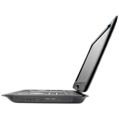 Laptop opened sideways, black casing, three USB ports visible.