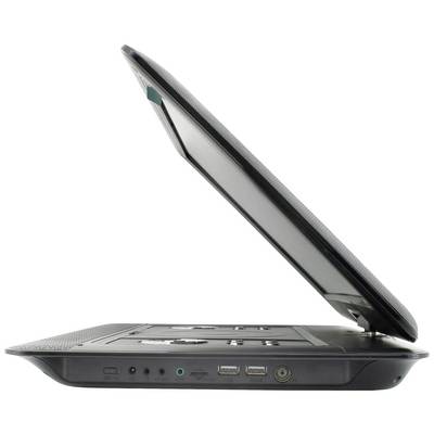A partially open laptop viewed from the side, revealing ports such as USB and audio, as well as ventilation cut-outs.