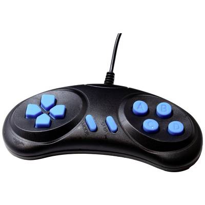 Black game controller with blue buttons, with four buttons on the right side labelled A, B, C and D.