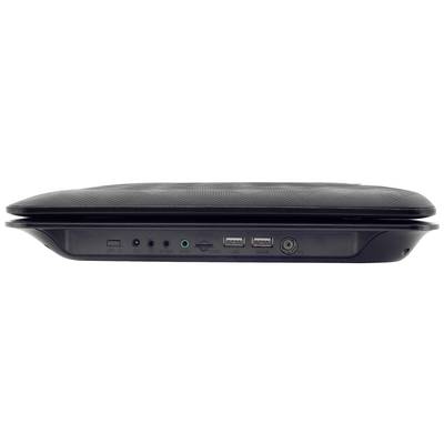 A laptop, viewed from the side, shows the ports: two USB ports, audio input, power connection, and ventilation grille.