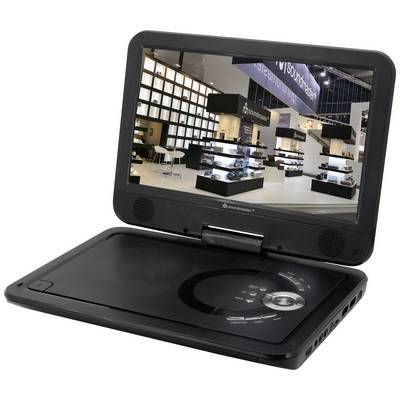 'Portable DVD player on a table, screen showing a modern exhibition hall with various stands and products.'