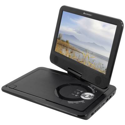 A portable DVD player with an open screen displays a landscape with mountains, water, and reeds.
