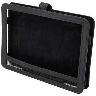 A black, rectangular, soft case with two compartments and a clasp on the top.