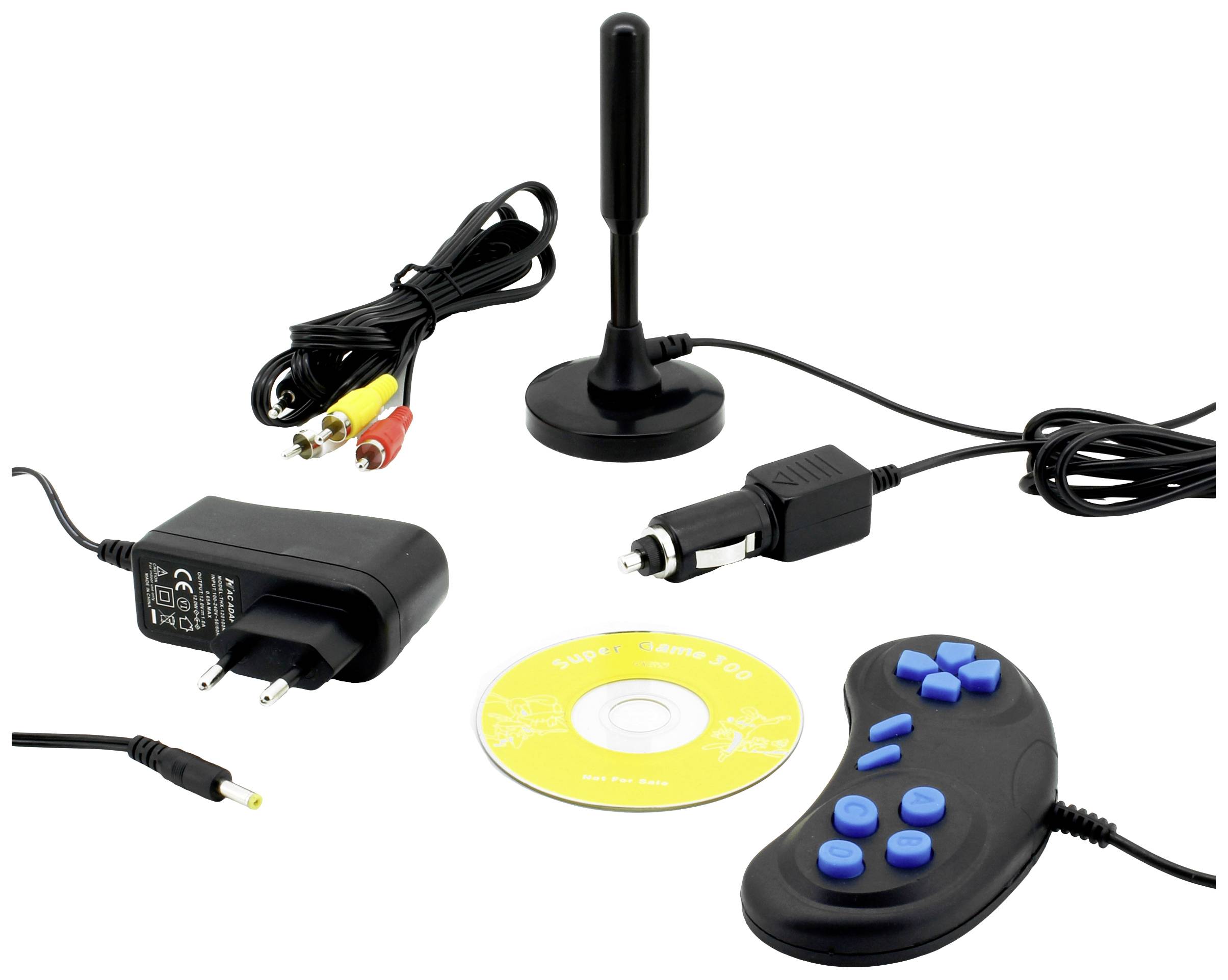 Device with television receiver, remote control, antenna, mains adapter, car charger, A/V cable and software CD.