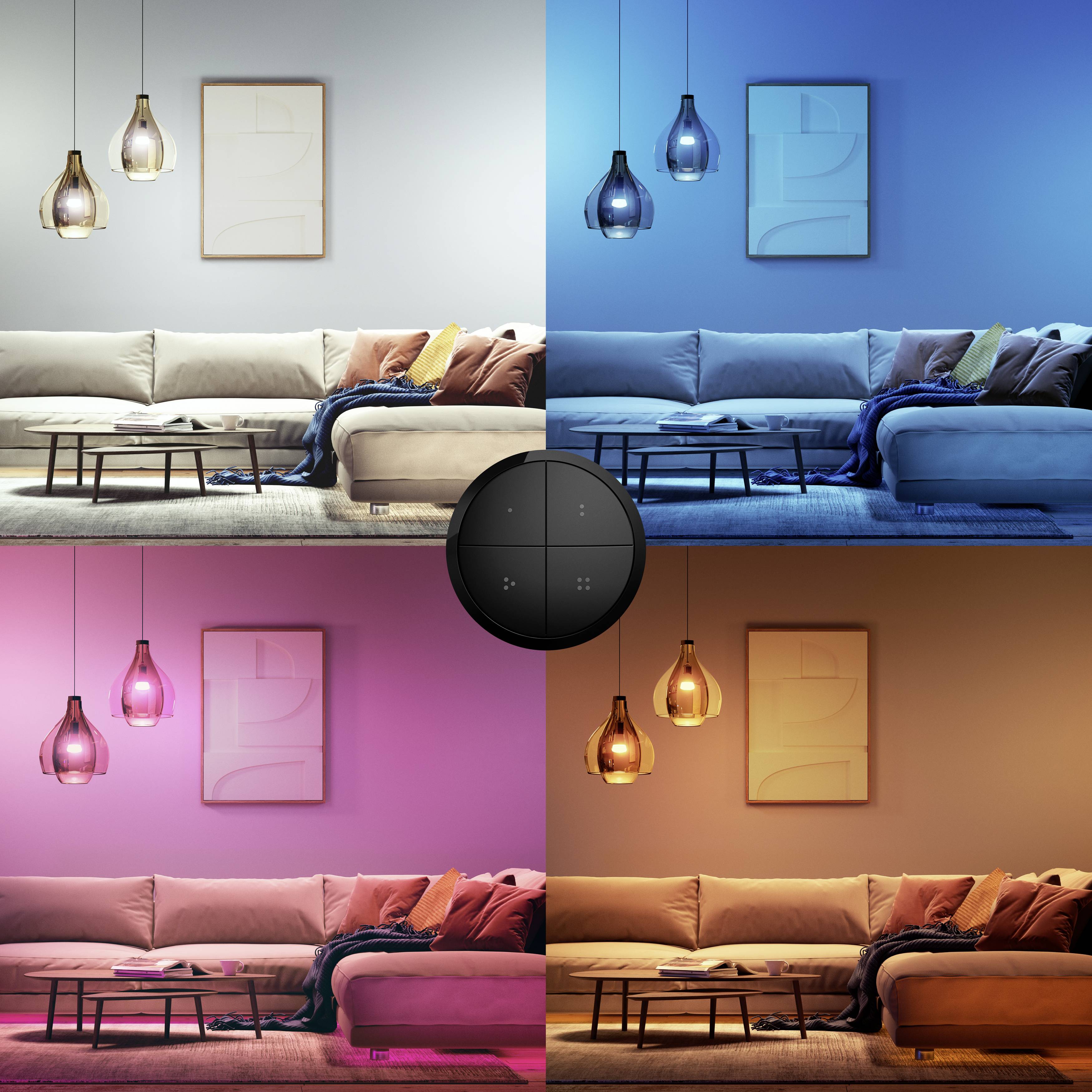 Living room with a beige sofa and colourful cushions, illuminated in four different light colours: neutral, blue, pink and orange.