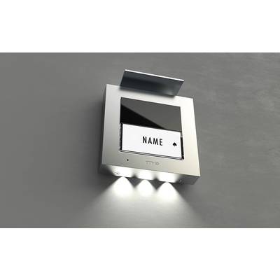 Metal door intercom with illuminated sign and the text 'NAME', with three LED lights for illumination, mounted on a grey wall.