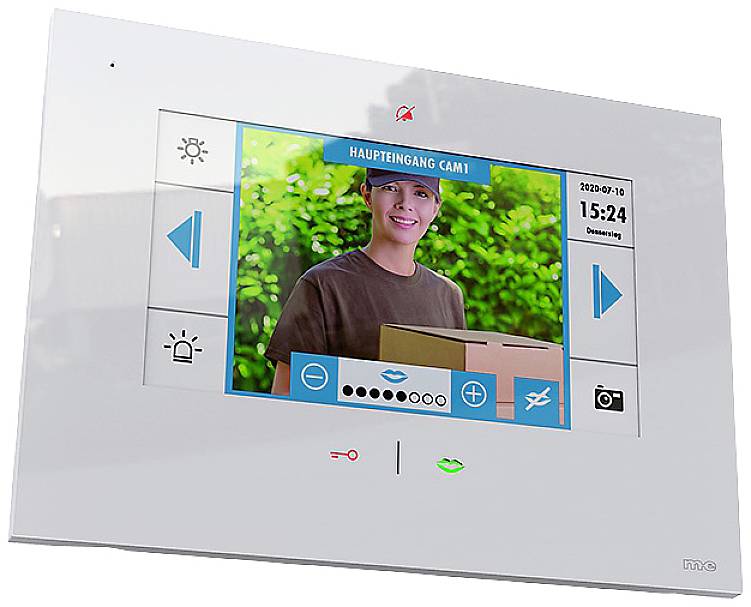 Display of a doorbell screen showing an image of a person holding a package. Text at the top: 'Main Entrance CAM1'. Date and time on the right.