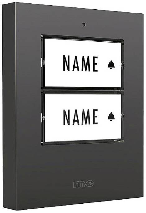 Black doorbell nameplate with two name fields, white background and doorbell symbols to the right of each field.