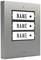 'Metal intercom with three name plates and bell symbols.'