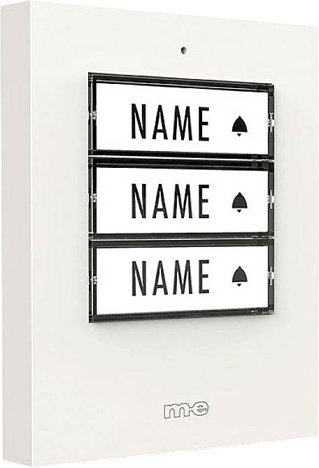 Three name plates with bell symbols on a white wall panel, no specific text or details visible.
