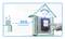 A hand presses a house-shaped doorbell with a Wi-Fi symbol. Range up to 500 m. On the left: small speaker.