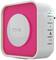 A square, white electronic device with pink illuminated accent surfaces and several symbol buttons on the side.