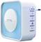 A white and blue smart home device with a USB port and four buttons on its side.