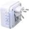 A smart plug adapter with control buttons and a socket featuring diagonal openings for a Euro plug.
