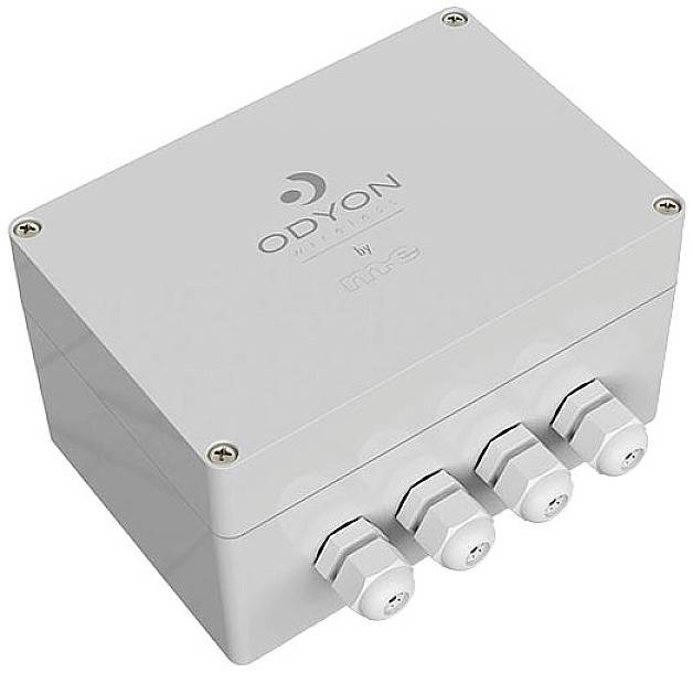 Electronic enclosure with four cable glands, company logo 'ODYON' on the top surface, grey colour.