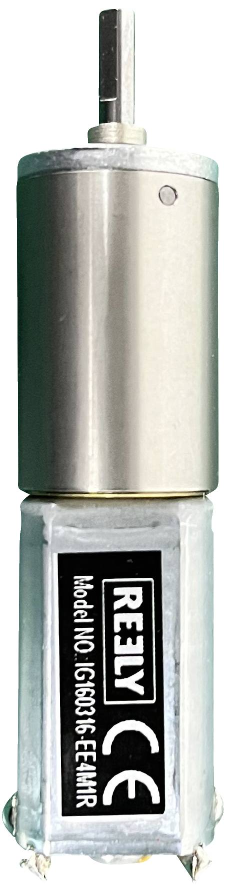 Small motor with metal casing and an imprint 'REELY Model V10 DS100RS CE EMIR'.