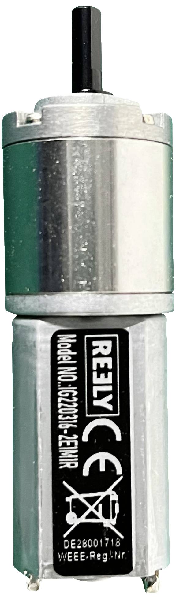 A cylindrical electric motor with a black sticker. The sticker displays the brand name 'REELY' and technical specifications.