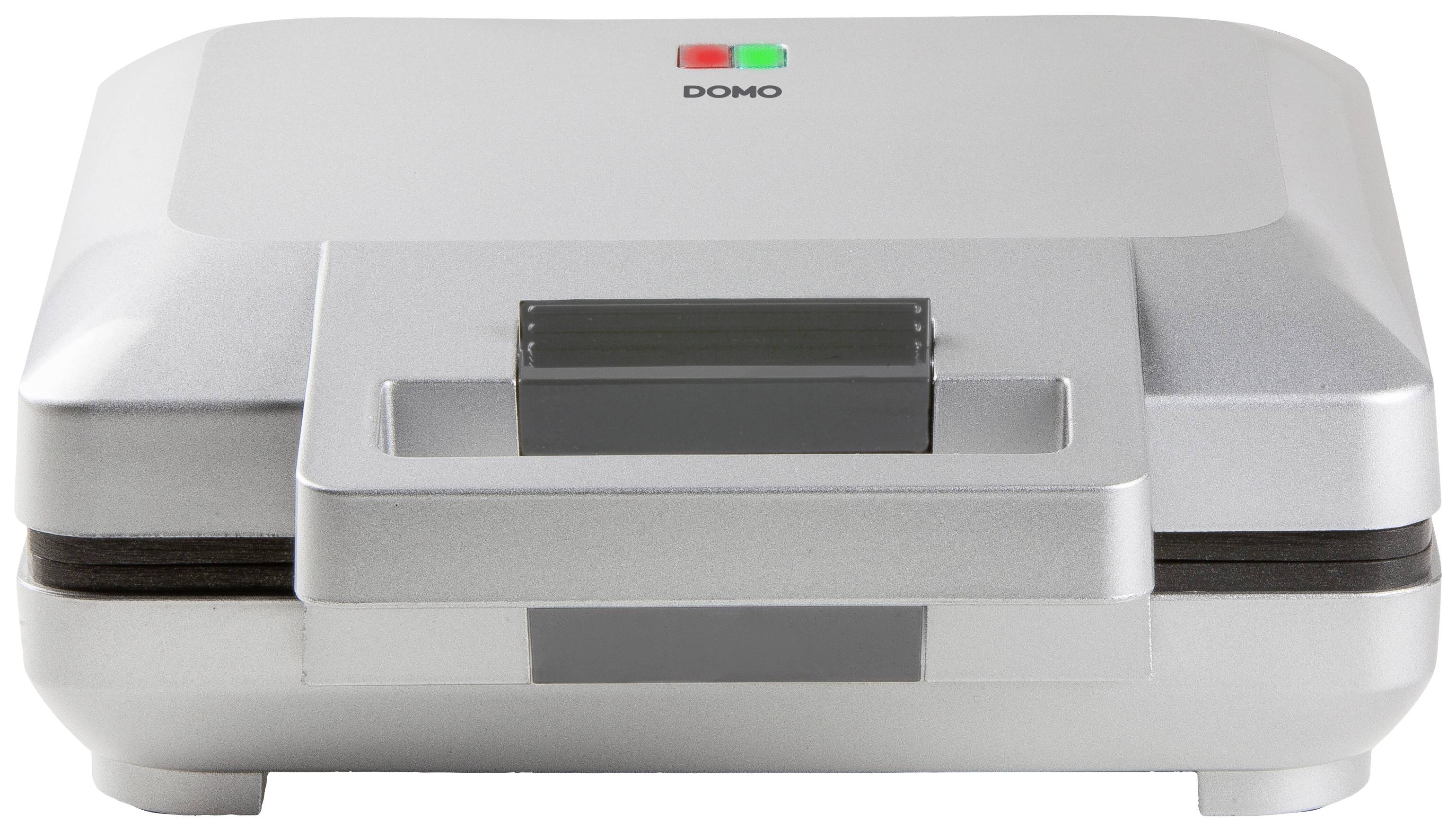 A silver waffle maker with two buttons on the lid, featuring a red and a green light, shows the 'DOMO' brand at the front.