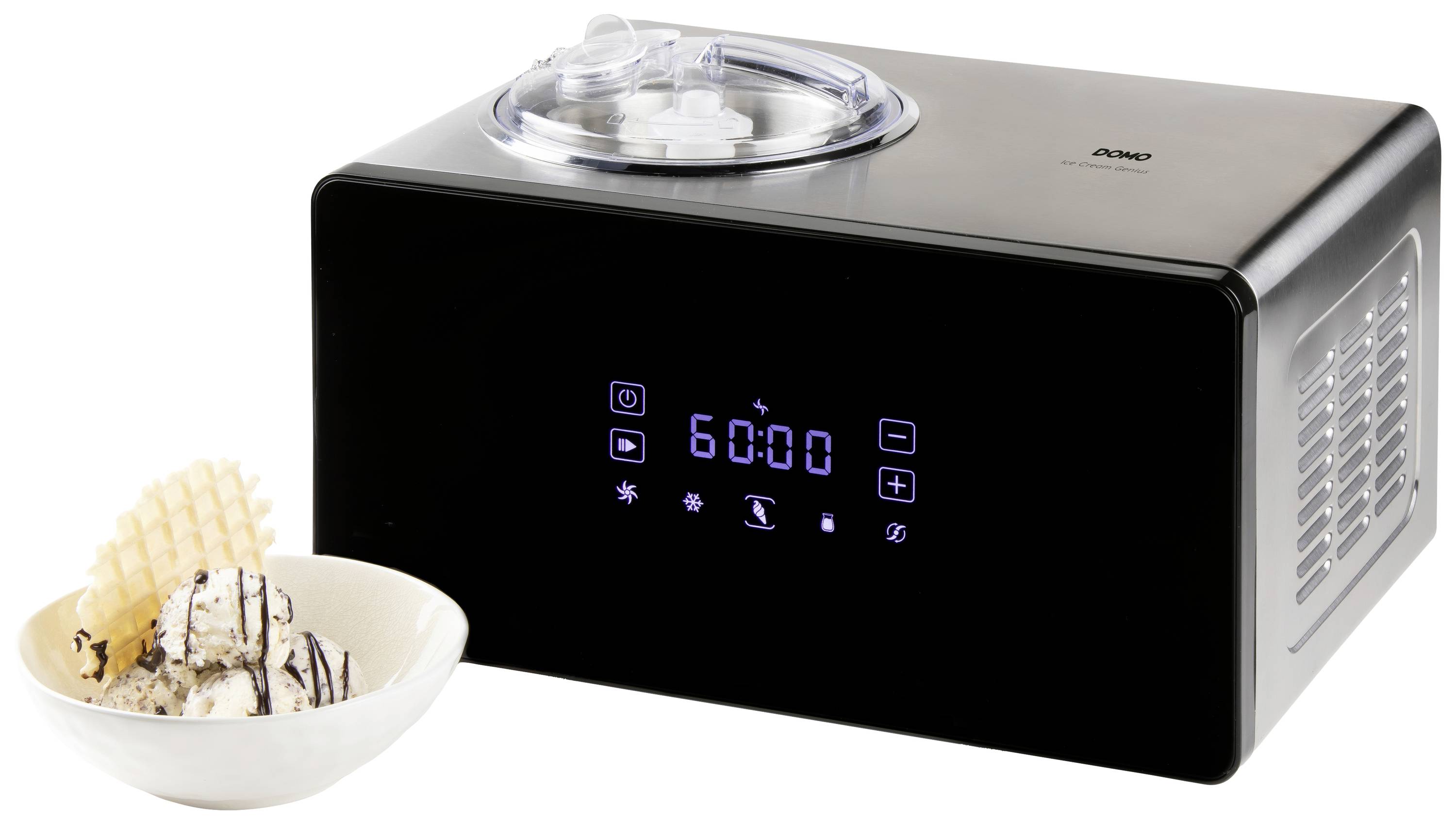 A black ice cream machine with a digital display shows '60:00'. Beside it is a bowl of ice cream and wafer cones.