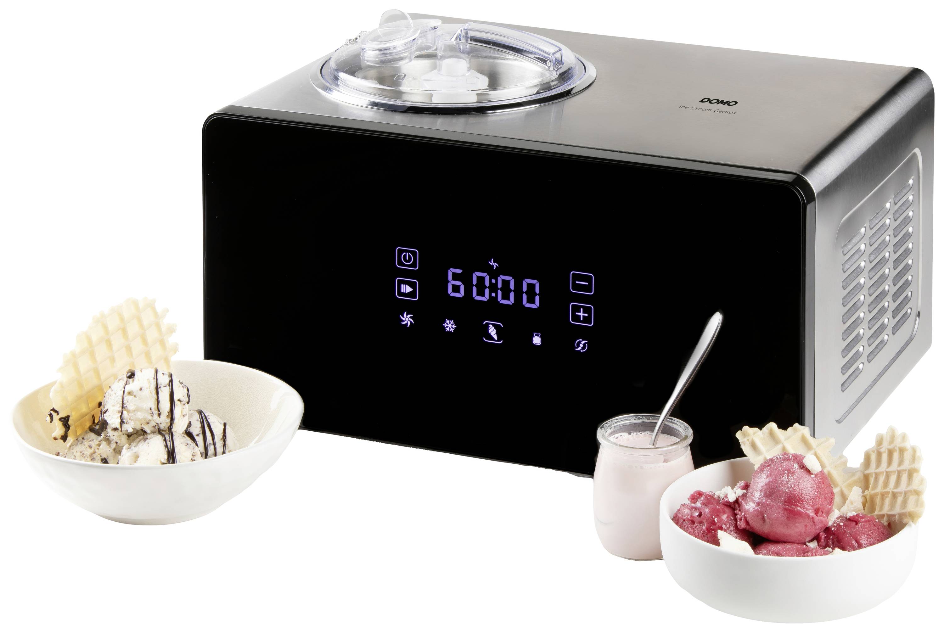 Ice cream machine with a digital display showing '60:00'. Two bowls with ice cream and wafers, and a yoghurt glass are placed beside it.