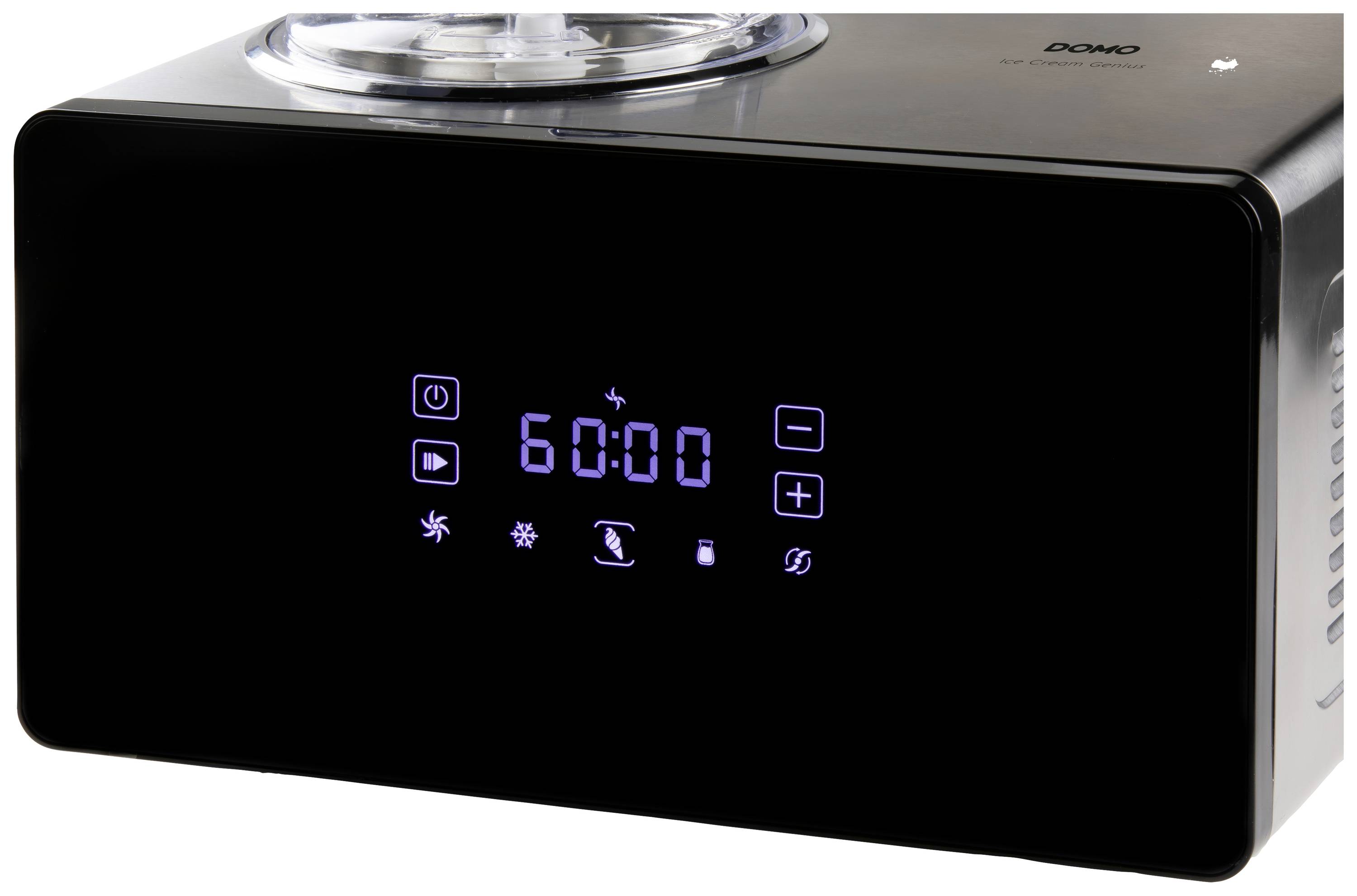 A black ice cream machine with a digital display shows a time of 60:00. Various function buttons are illuminated.