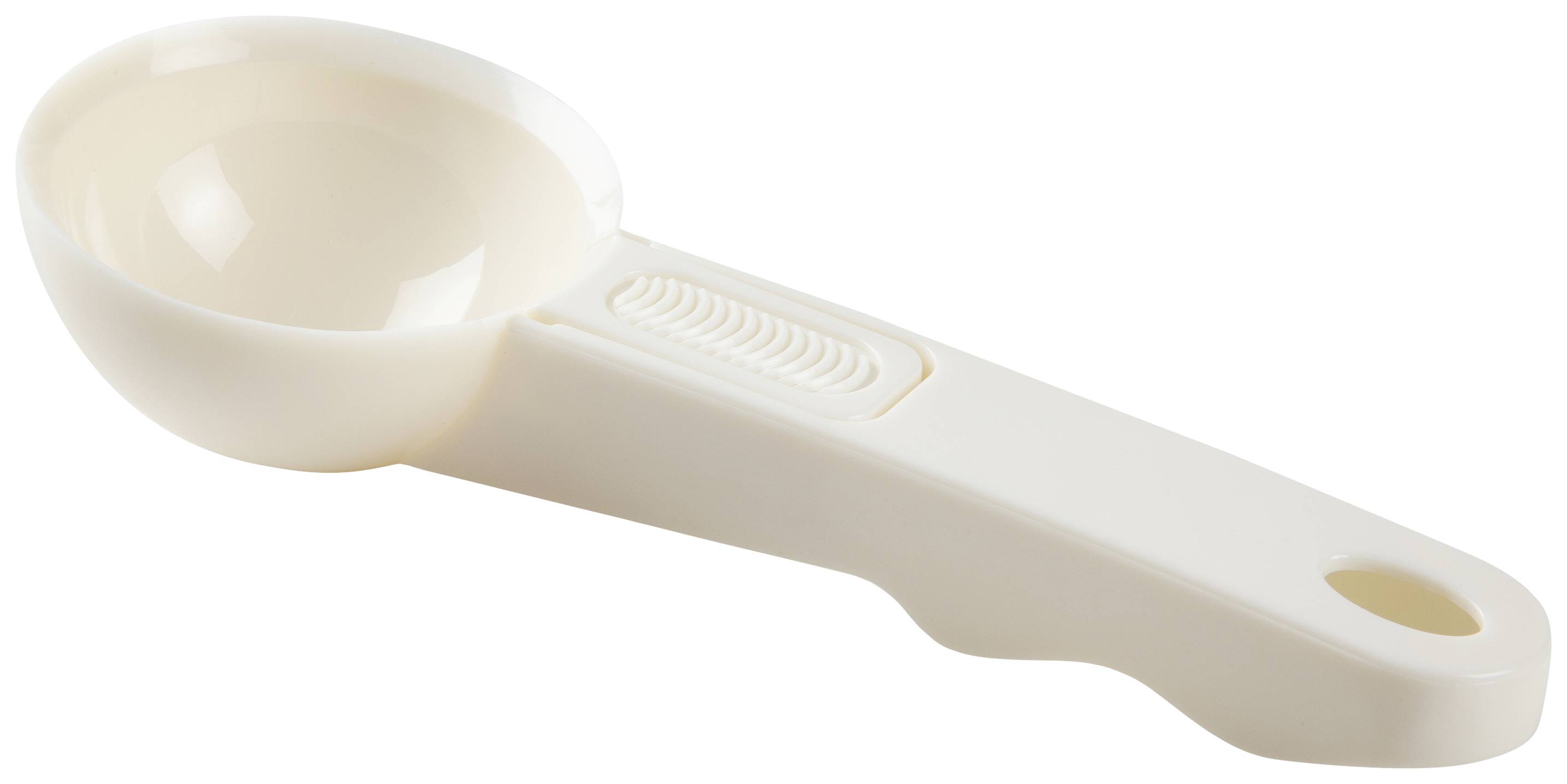 A cream-coloured plastic measuring spoon, suitable for measuring ingredients in the kitchen.