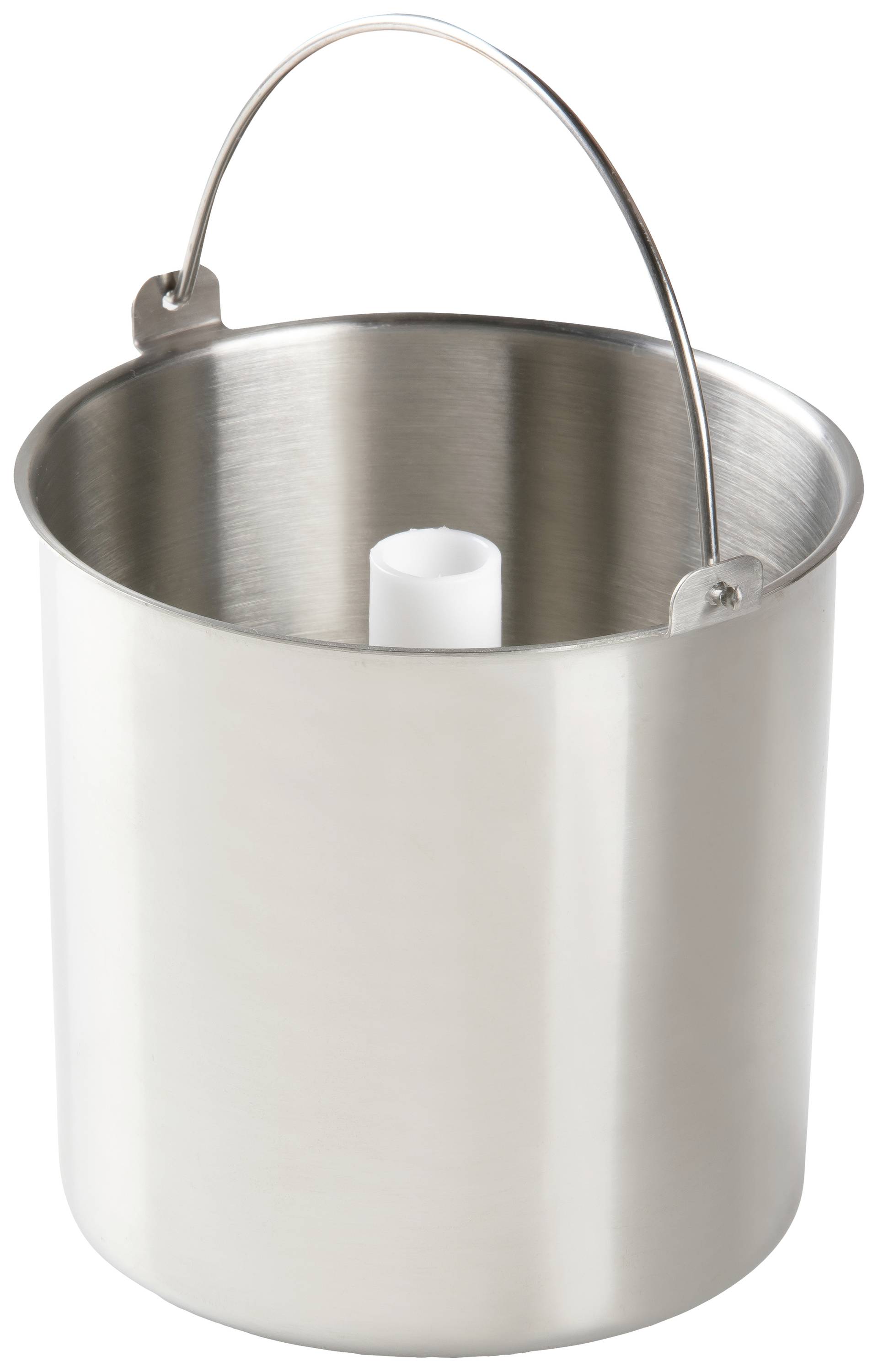 Stainless steel bucket with handle; cylindrical with a smooth surface.