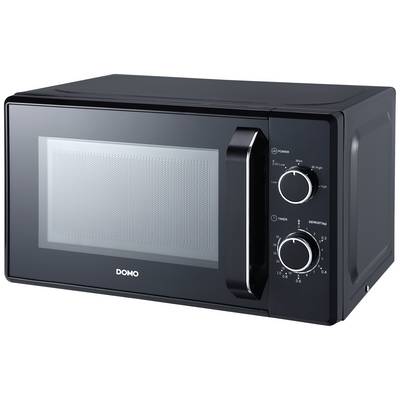 Black microwave with two rotary knobs for setting time and power. Visible brand 'DOMO'.