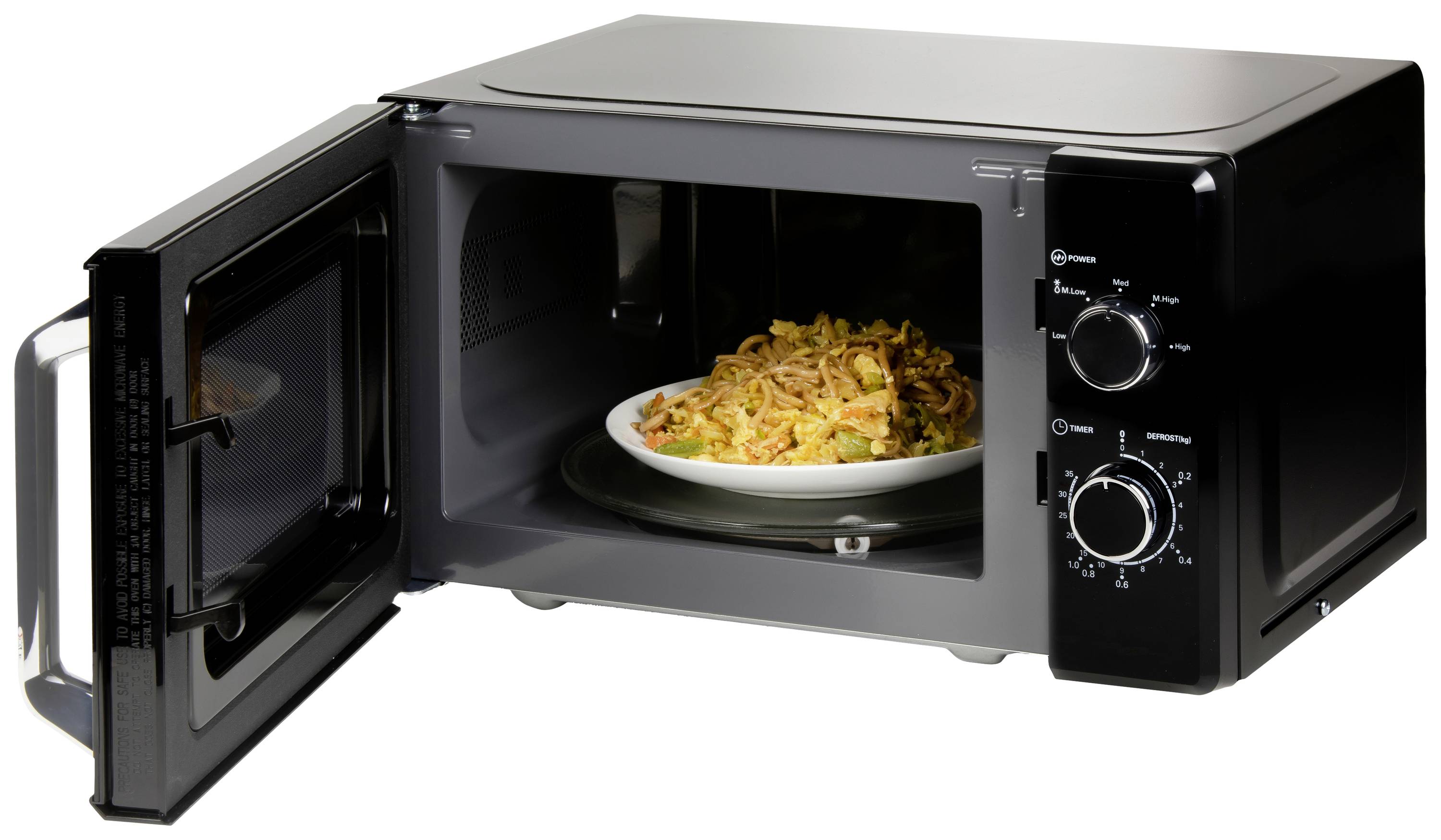 Black microwave with an open door, showing a plate of food inside. The control panel is located on the right side.