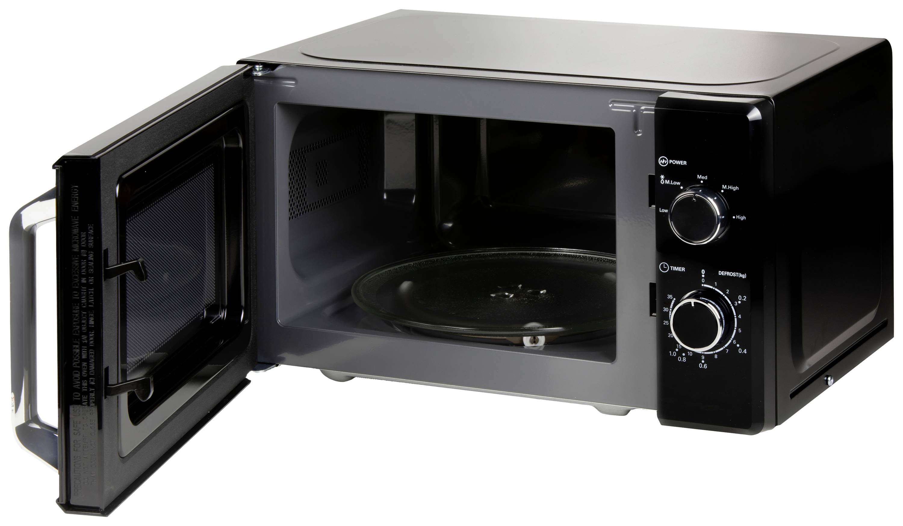 Black microwave with open door, showing interior and control buttons.