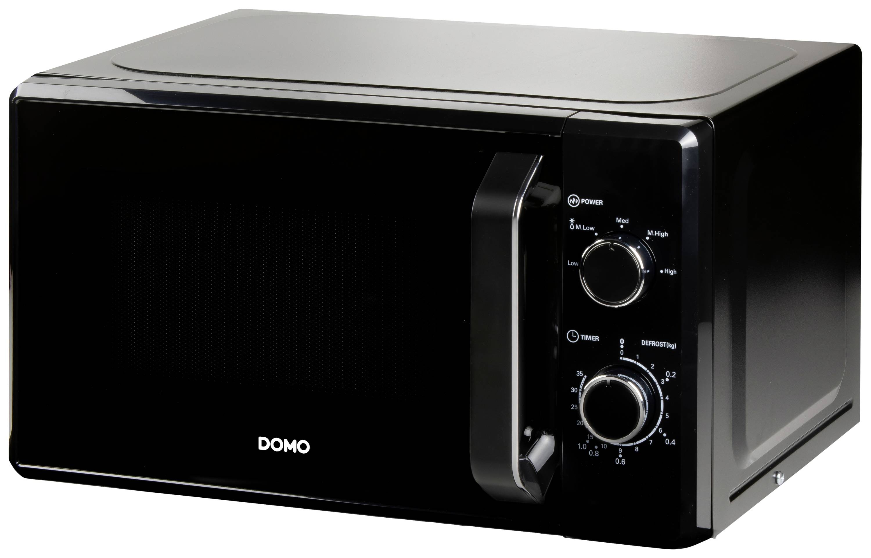 Black microwave with rotary knobs on the right side and the brand name 'DOMO' on the door, standing freely against a white background.