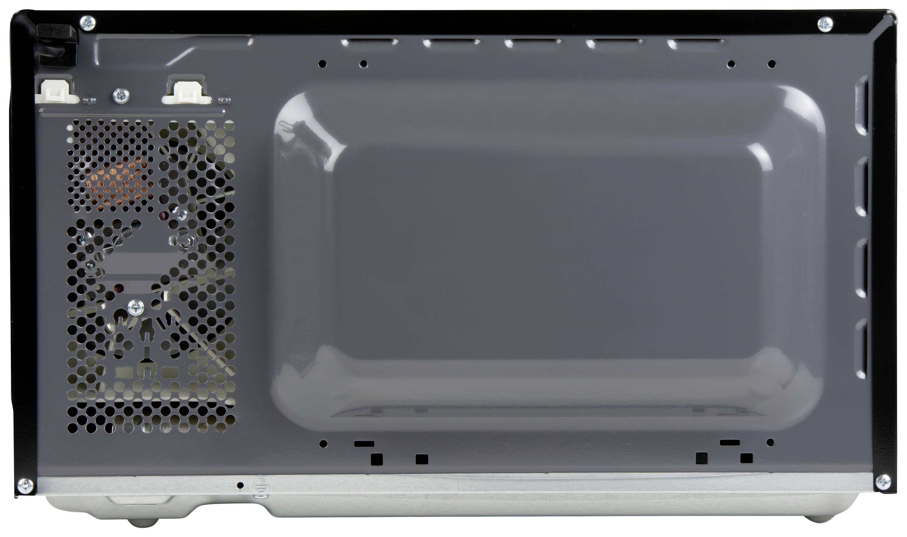 The rear of a microwave oven with a ventilation grille and power connection reveals internal components and mains connection details.