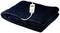 Dark blue heated blanket with integrated control unit.