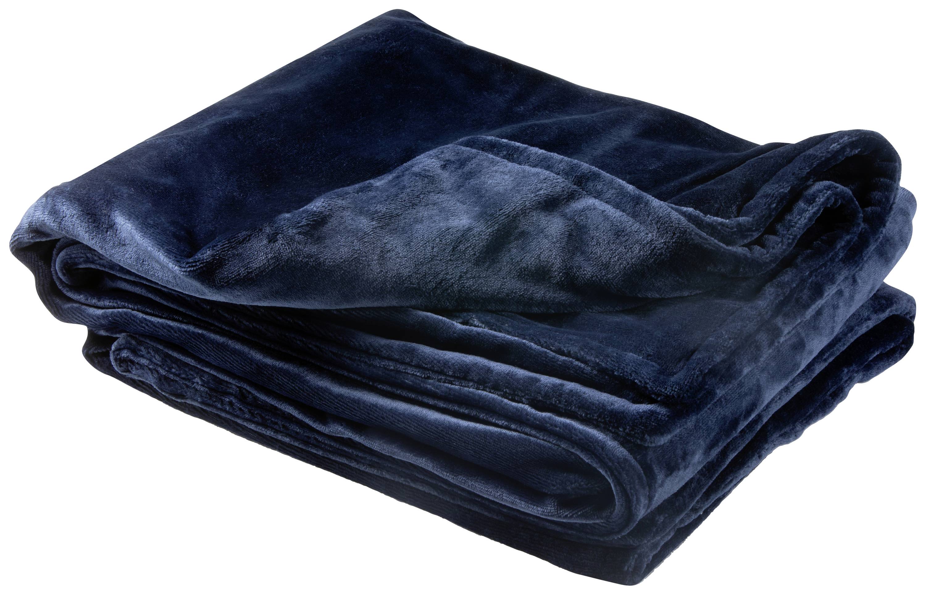 Dark blue, fluffy blanket folded in multiple layers, soft and luxurious in texture.