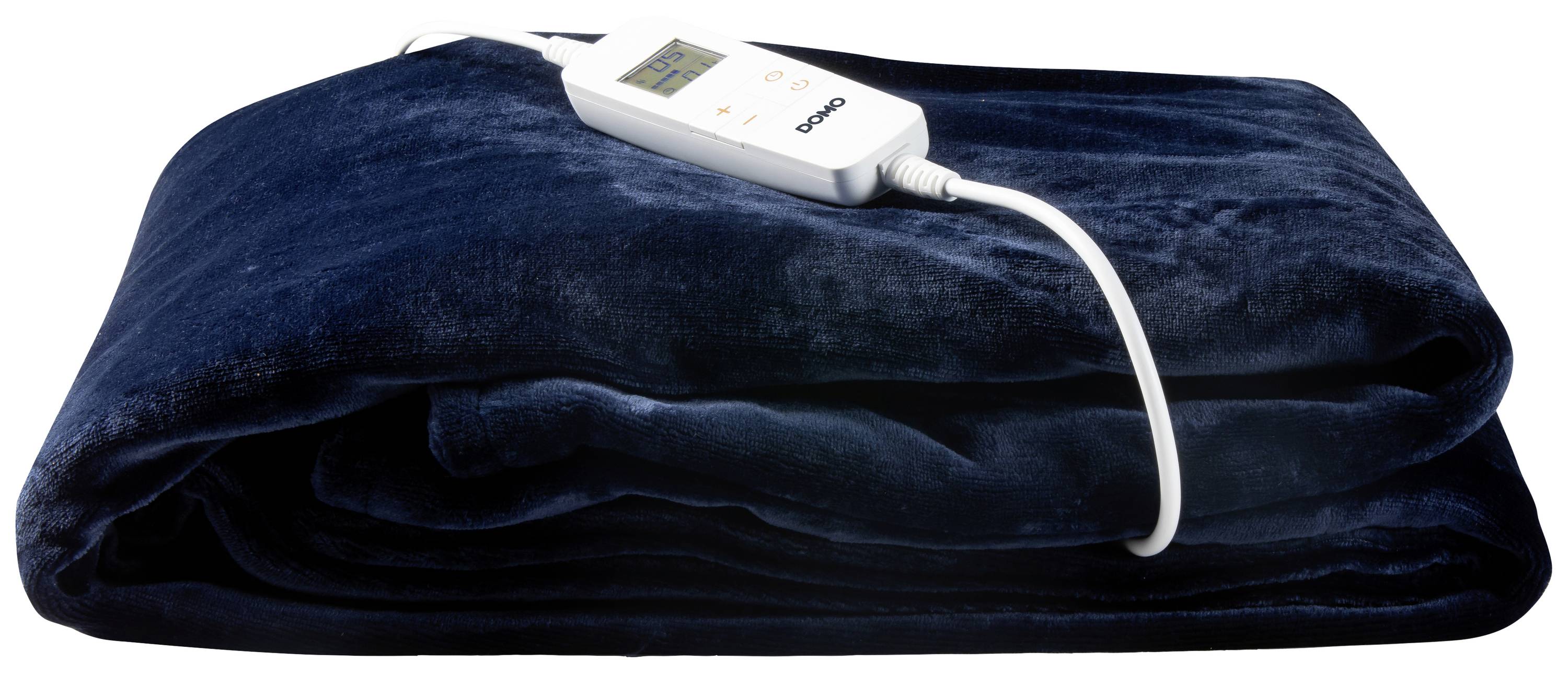 Dark blue, folded electric blanket with white control unit on the top surface.