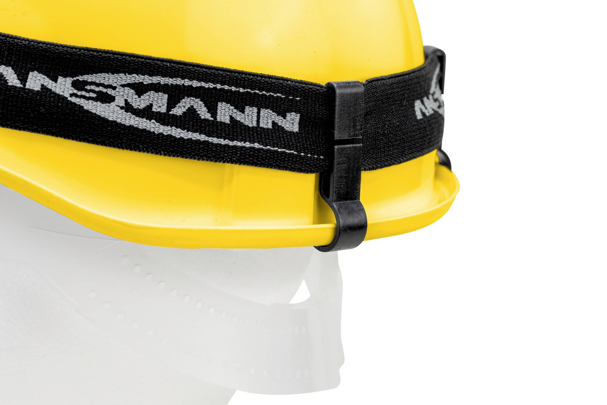 Yellow safety helmet with a black band and clear chin strap cover on a white display head.