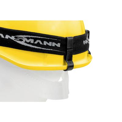 Yellow safety helmet with a black band and clear chin strap cover on a white display head.