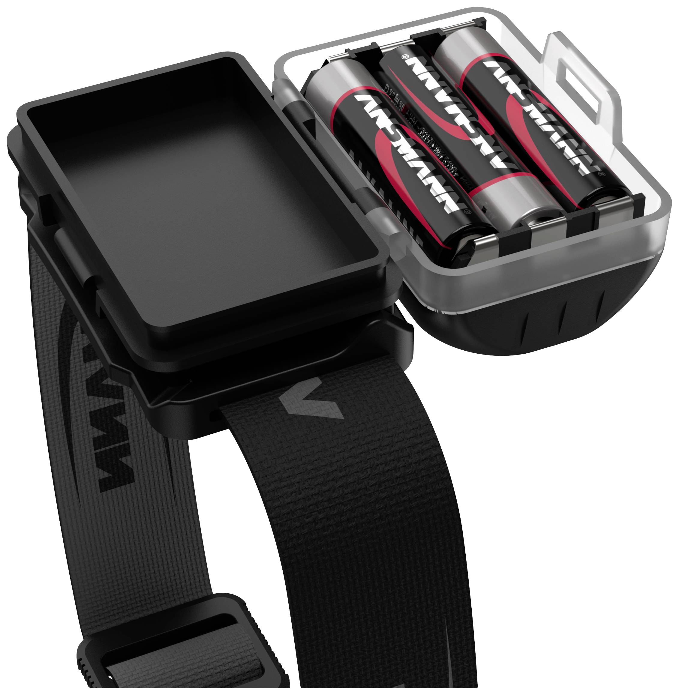 A black head torch with a removable battery compartment that holds three batteries. It is secured by an adjustable strap.