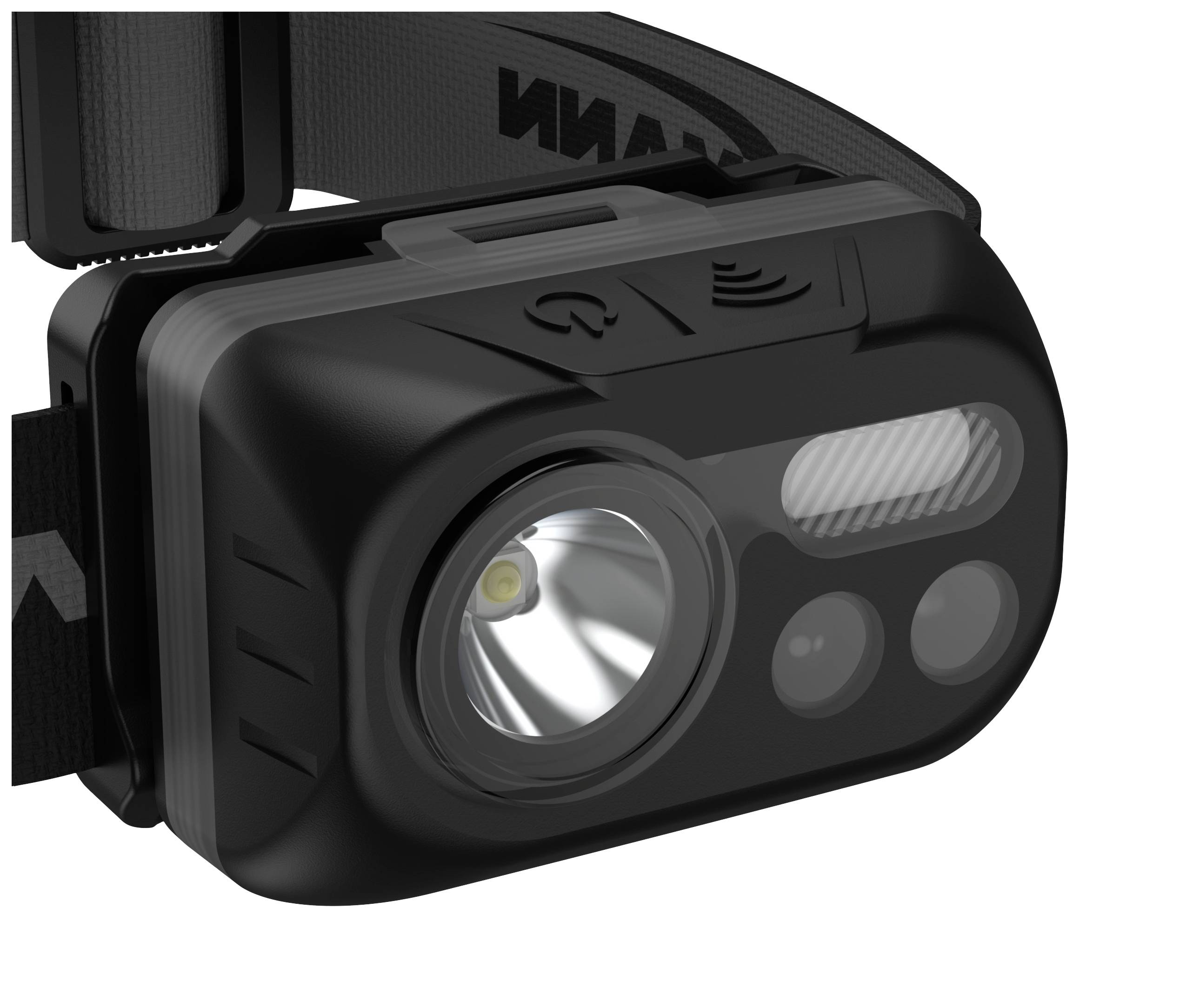 A black head torch with an adjustable strap and a large LED light in the centre. It has several buttons and sensors.