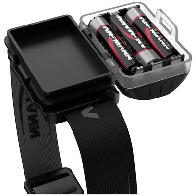 Black wristband with an open battery compartment containing four AA batteries.