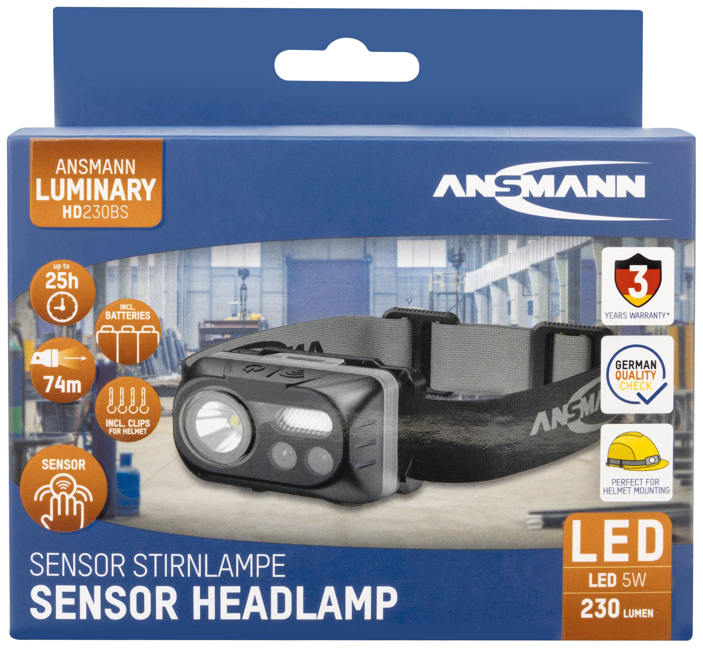 Box for an Ansmann LED Head Torch with 230 Lumens and Sensor Control. Emphasises long-lasting battery life, range, and quality seal.