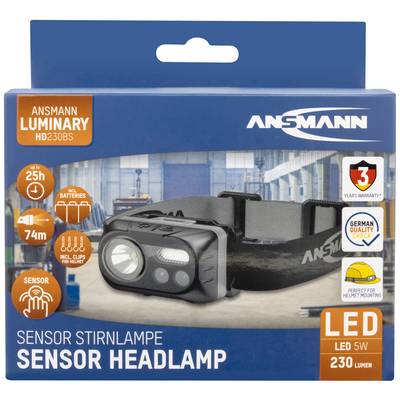 Box for an Ansmann LED Head Torch with 230 Lumens and Sensor Control. Emphasises long-lasting battery life, range, and quality seal.