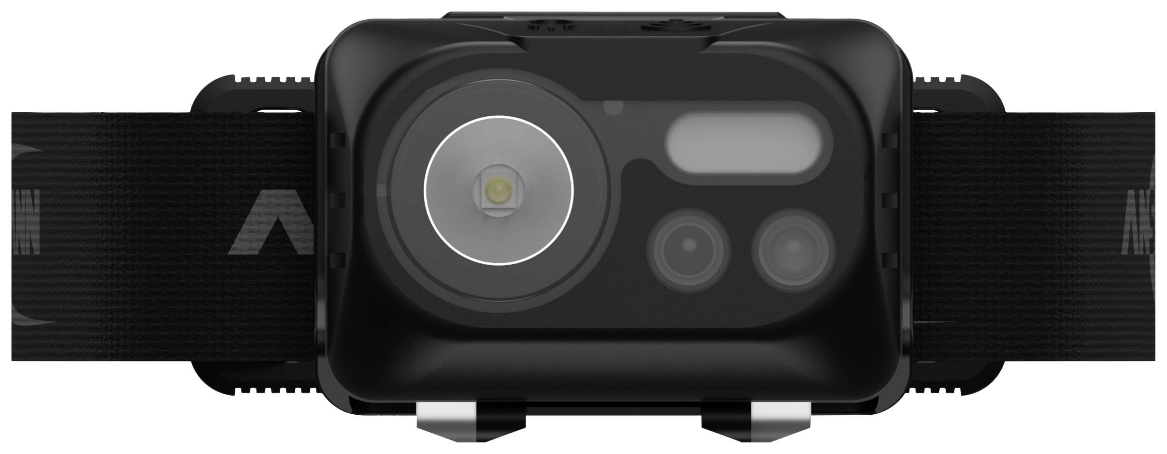 A black head torch with an adjustable strap, multiple lenses, and a large main light in the centre.