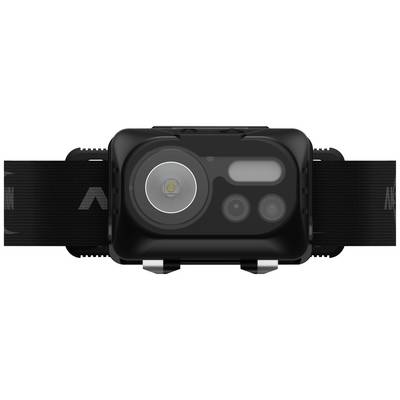 A black head torch with an adjustable strap, multiple lenses, and a large main light in the centre.