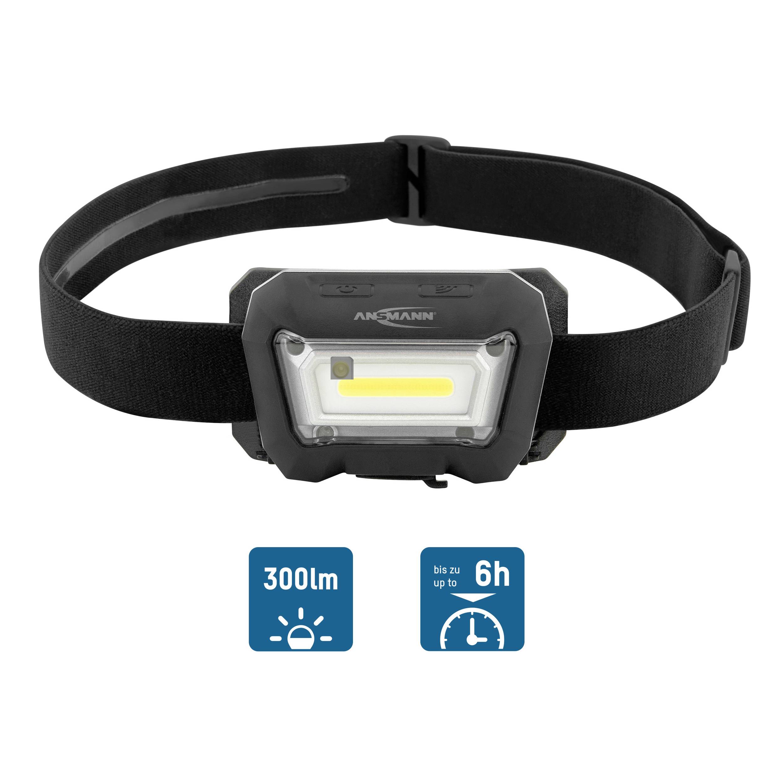 A black head torch with an adjustable strap and LED light. Symbols show '300 lumens' brightness and 'up to 6 hours' runtime.