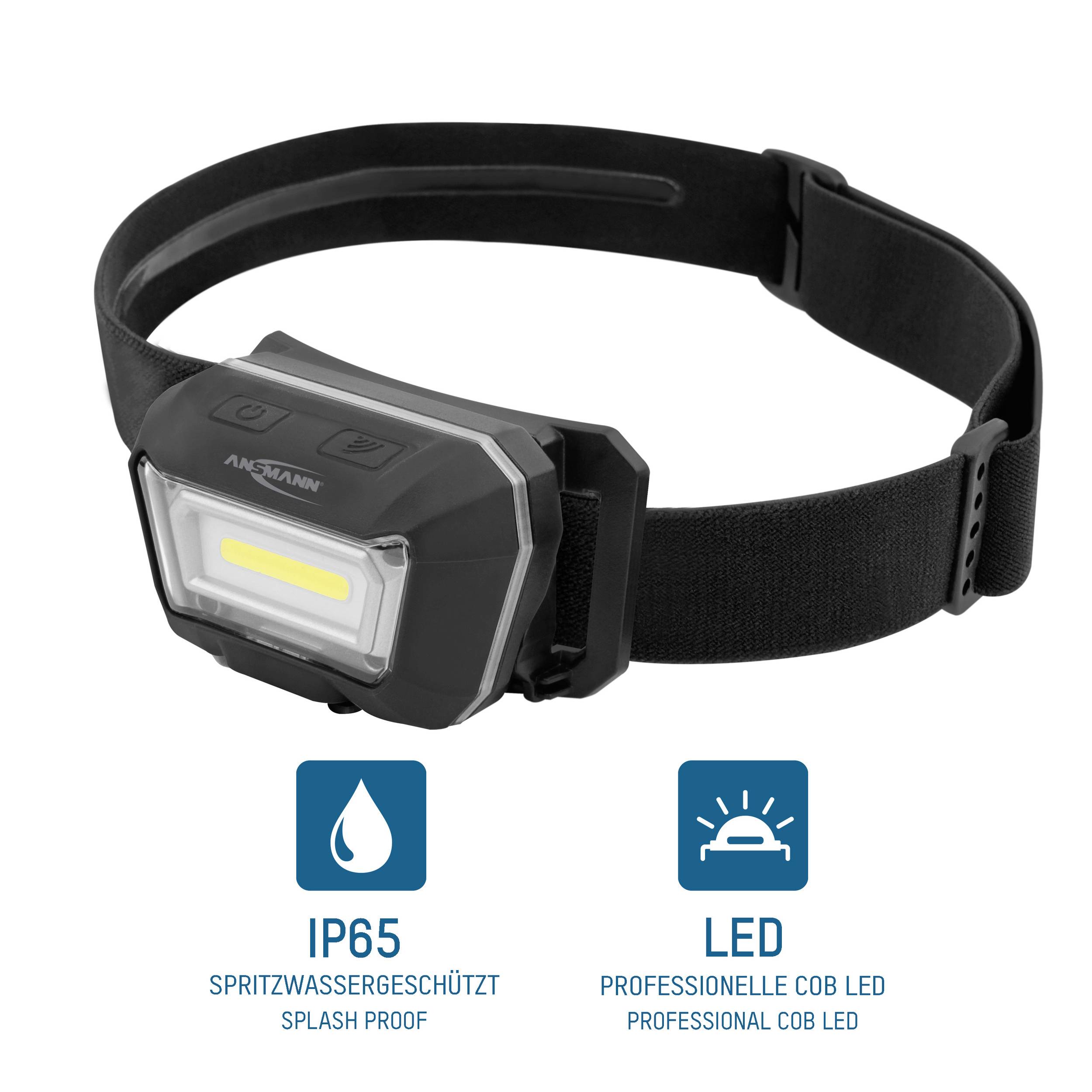 Black headband with water-protected, professional LED head torch, COB technology, shockproof. Suitable for outdoor activities.