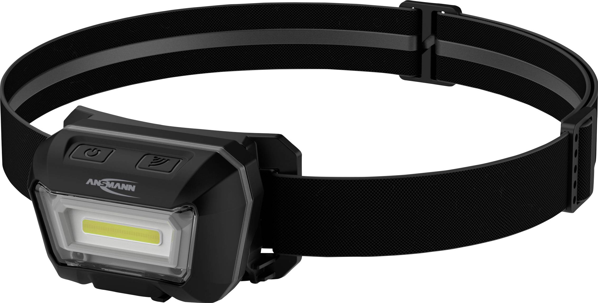 Black head torch with adjustable elastic strap and rectangular LED light at the front.