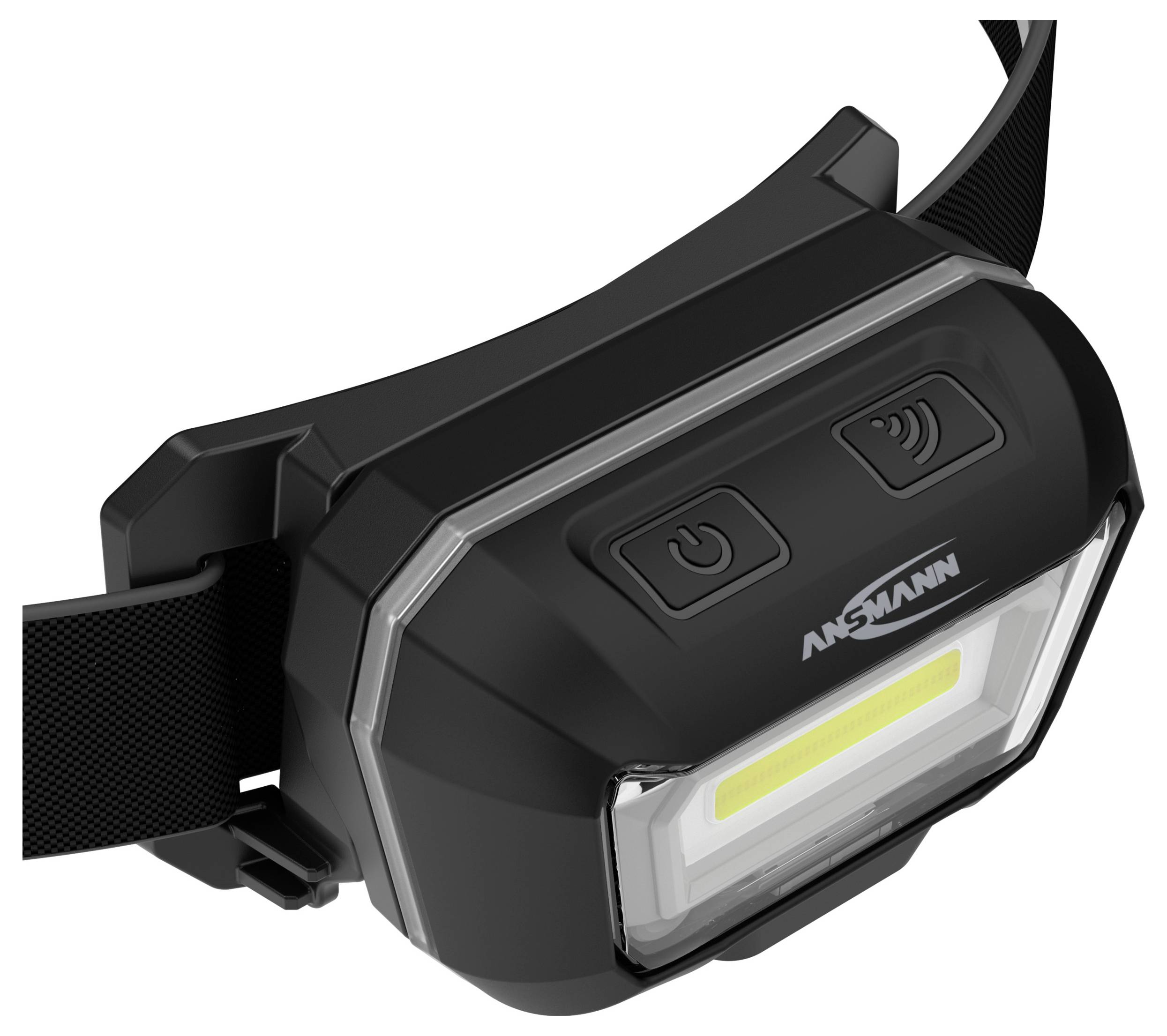 Black LED head torch with adjustable strap and two control buttons. It has a rectangular design and provides hands-free lighting.