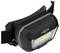 Black LED head torch with adjustable strap and two control buttons. It has a rectangular design and provides hands-free lighting.