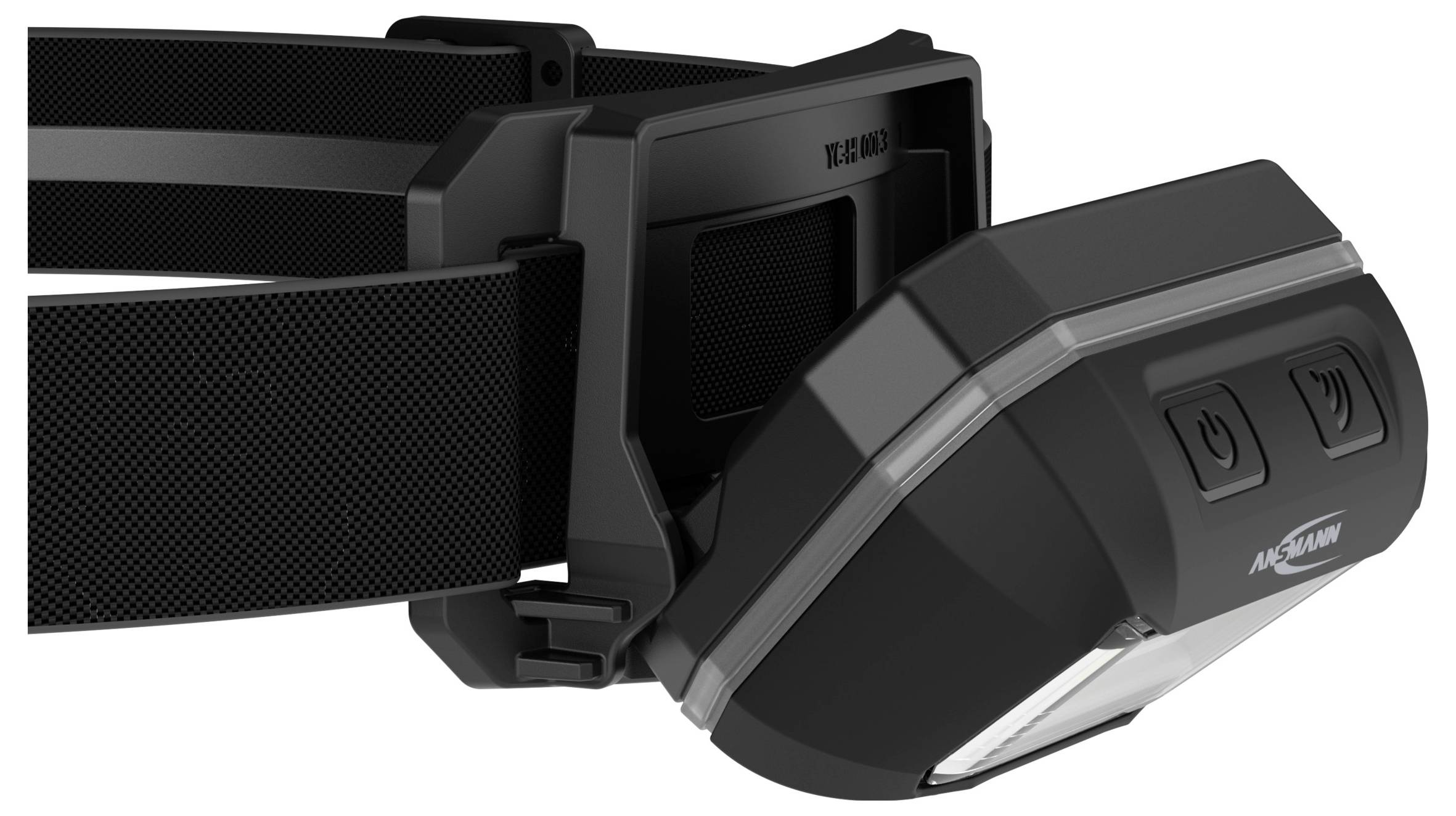A black head torch with an adjustable strap and two switches, presented in a profile image.